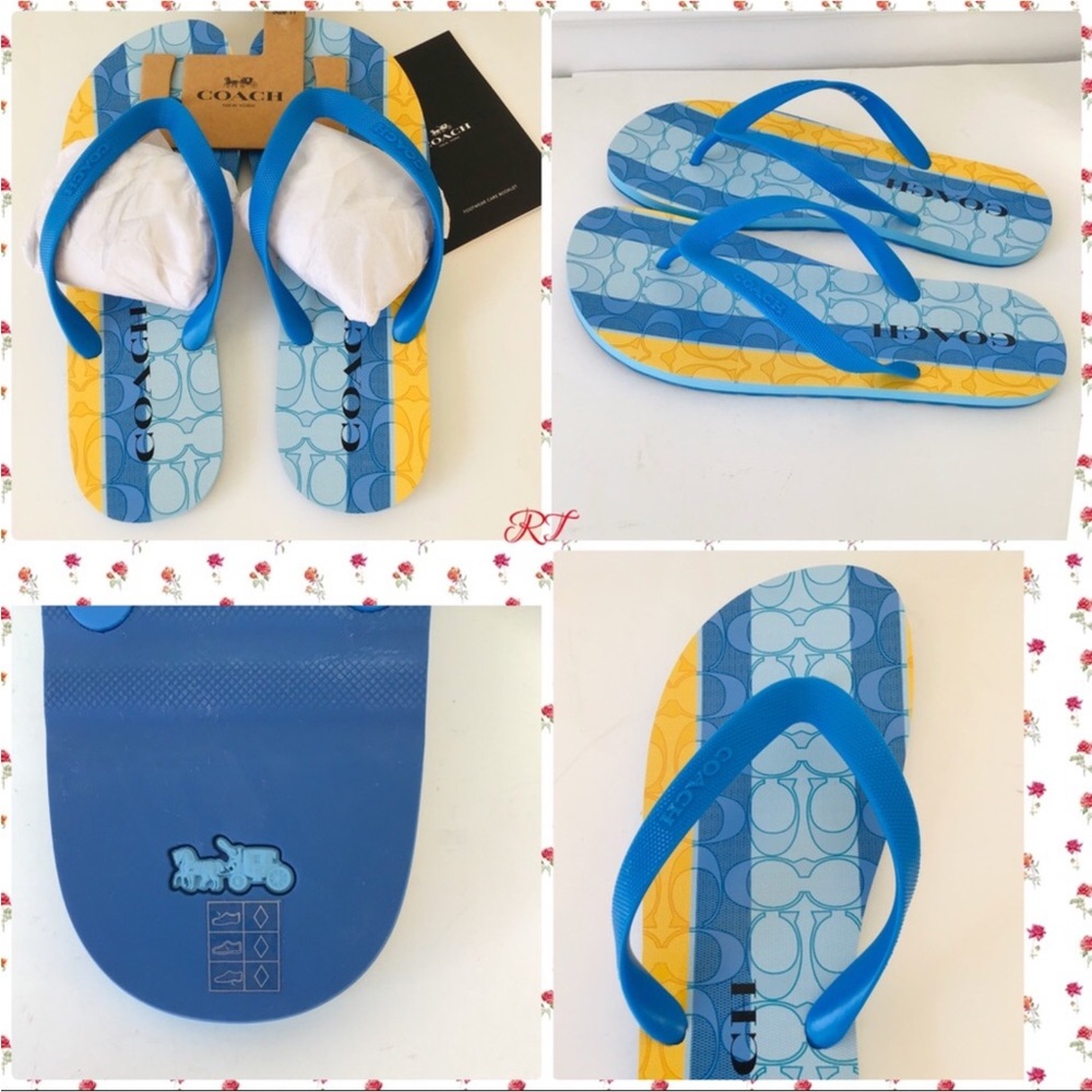 Coach NEW Zak Signature Vibrant Blue and Yellow Flip Flops Sandals-NWT InPackage - Picture 2 of 12